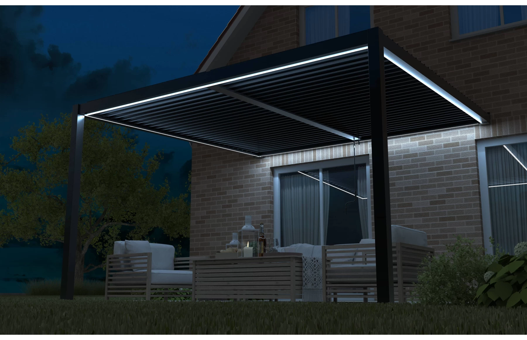 Pergola X Bioclimatica, Pavilion 3x5.8x2.3metri cu LED, prindere pe casa, Premium, Aluminiu