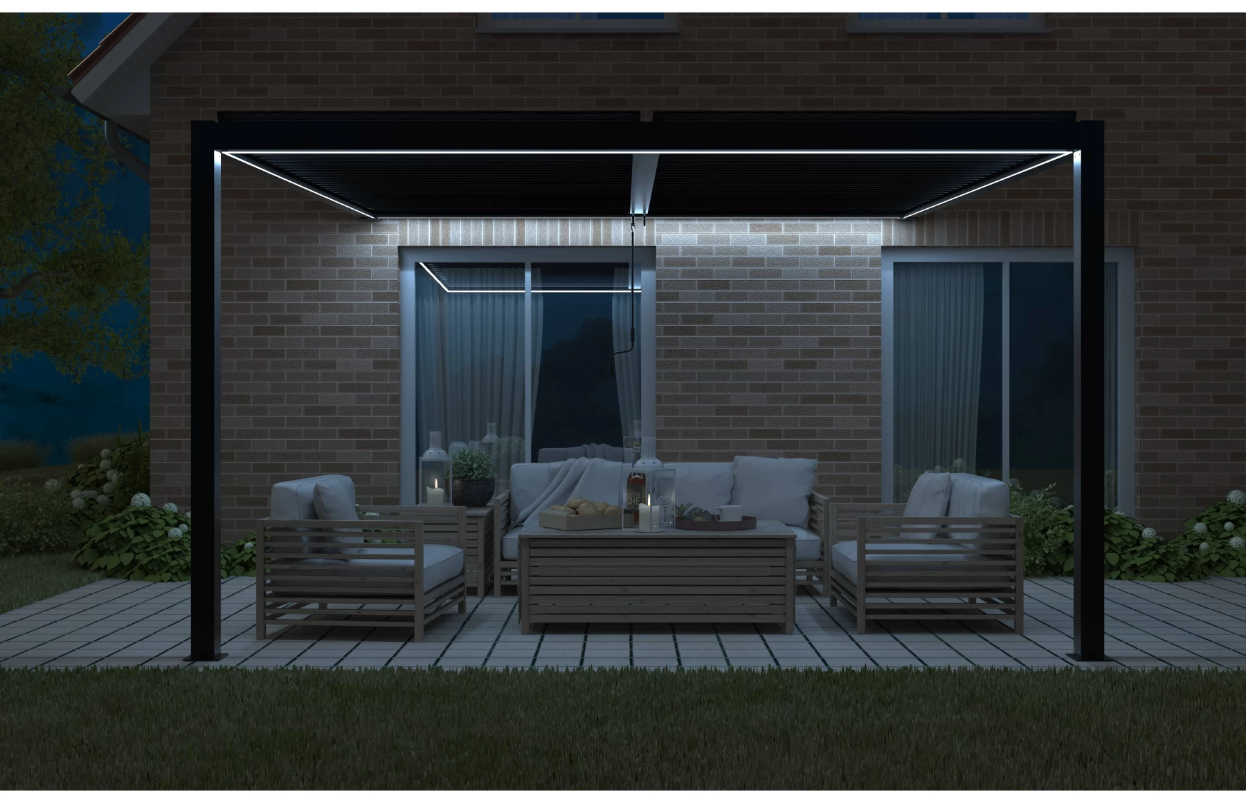 Pergola X Bioclimatica, Pavilion 3x5.8x2.3metri cu LED, prindere pe casa, Premium, Aluminiu