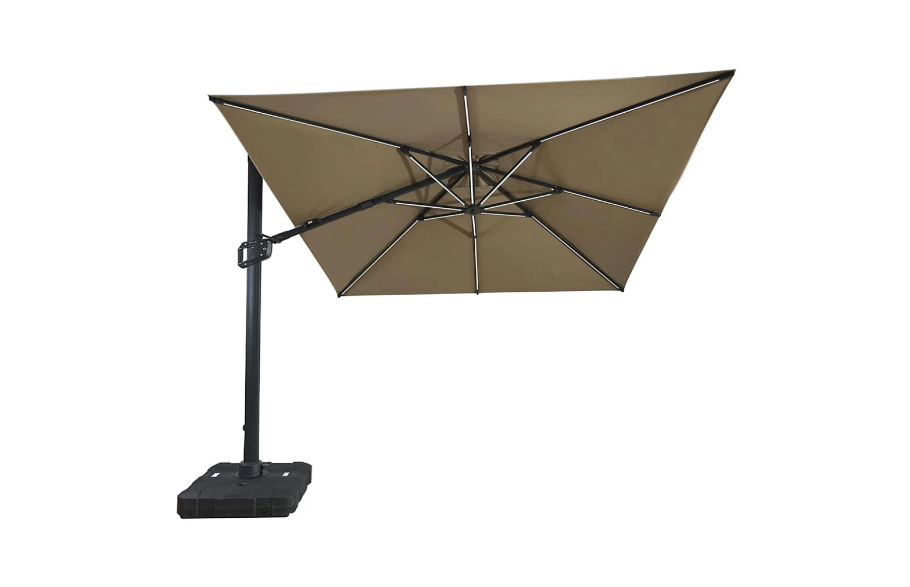 Umbrela de soare 3x3m pentru terasa si gradina, aluminiu, pliabila,cu iluminare LED, culoare kaki, include suport de plastic