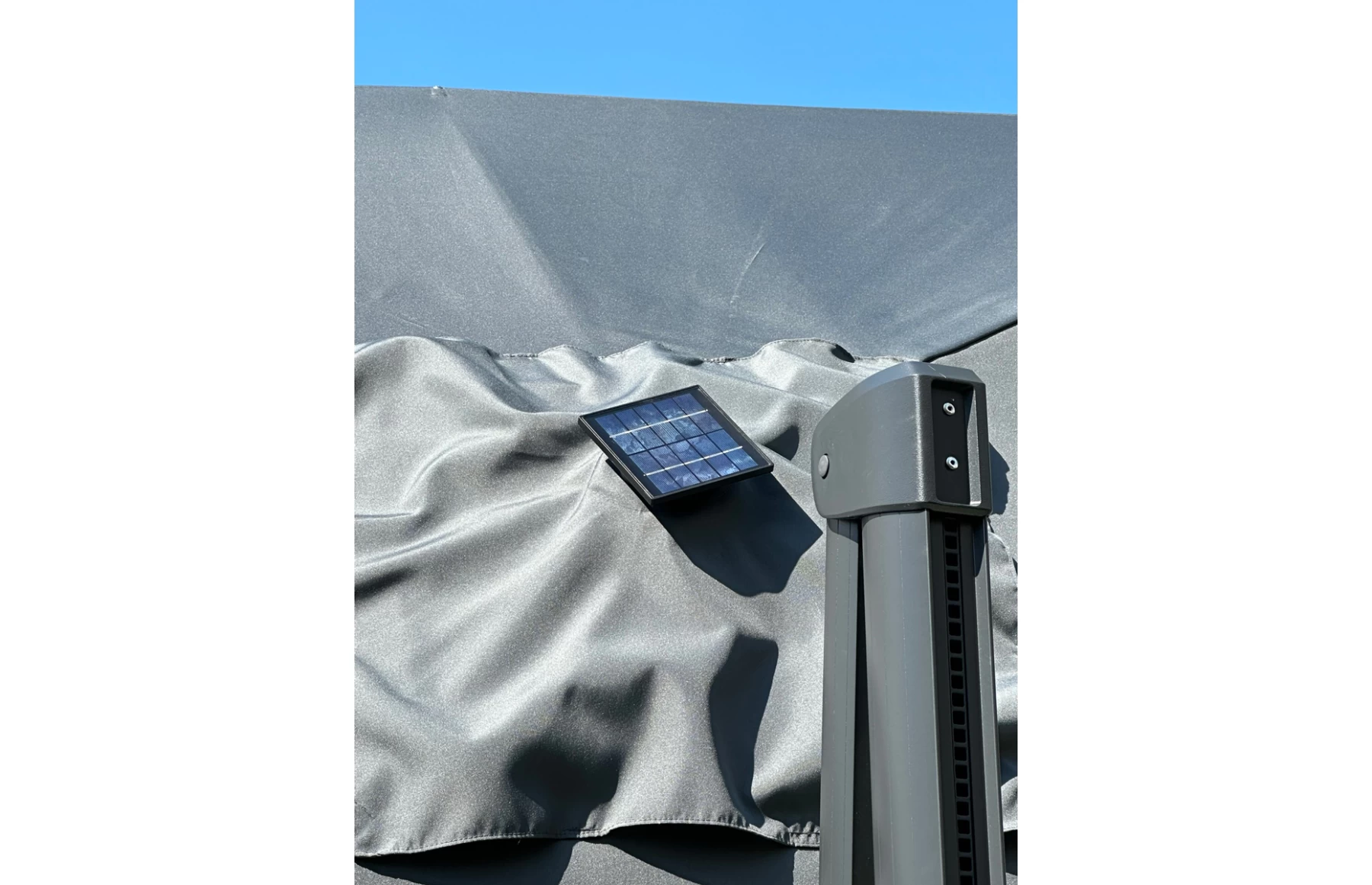 Umbrela de soare 3x3m pentru terasa si gradina, aluminiu, pliabila,cu iluminare LED, culoare gri antracit, include suport de plastic