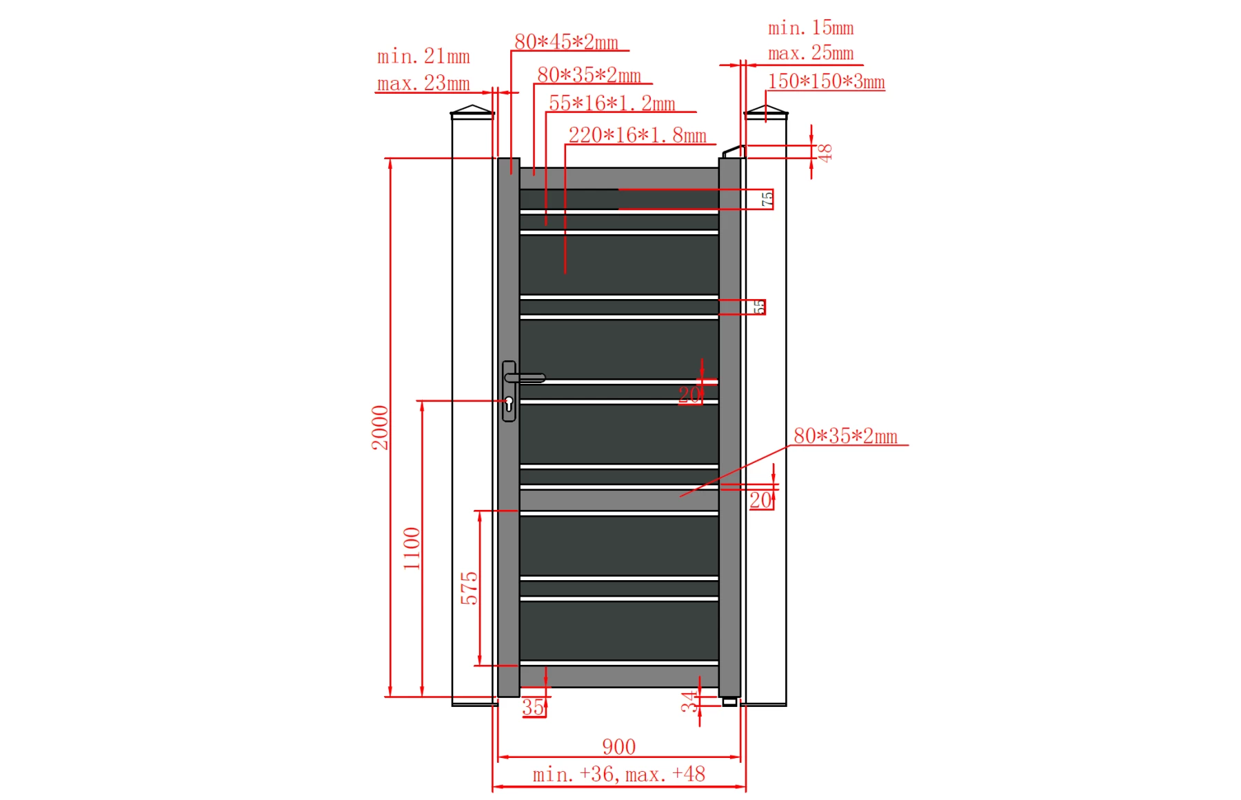 Poarta pietonala aluminiu Neptun, 900mm lungime x 2000mm inaltime, gri antracit